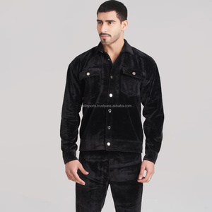 Chándal de terciopelo clásico personalizado OEM 2024 para hombre, terciopelo informal negro con bolsillo frontal, tela pesada - Product Image 1