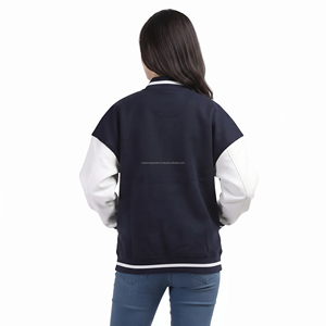 เสื้อแจ็คเก็ตวาร์ซิตี้สีขาวกรมท่า แบบคัลเลอร์บล็อก สไตล์พรีปปี้ สำหรับทุกเพศ เสื้อแจ็คเก็ตเบสบอล ใส่สบายๆ ในฤดูใบไม้ร่วง ทรงปกติ ปกเสื้อพับได้ - Product Image 6