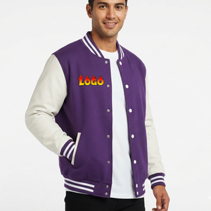Veste universitaire pour homme à prix de gros, manches en similicuir, blocs de couleur, style baseball, corps violet, manches blanches - Product Image 1