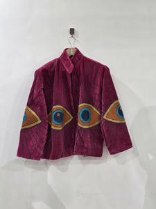 Veste en velours rose pour femme, brodée main motif œil porte-bonheur, style vintage ethnique bohème, ouverte sur le devant, courte, décontractée, pour l'hiver, vente en gros - Product Image 3