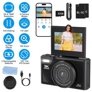 1Pc 5K 75MP <b>Digital</b> <b>Video</b> <b>Camera</b> with Anti-Shake WiFi Vlogging Features; 9 Shooting Modes 18X Zoom Fill Light Webc - Product Image 1