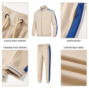Ensemble de survêtement pour homme avec fermeture éclair intégrale, beige et bleu, avec passepoil contrastant, veste à col montant et pantalon de jogging, ensemble de vêtements de sport OEM - Product Image 5