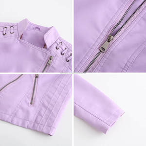 Lavande fermeture éclair Moto Biker Style ajusté matelassé point cuir vestes pour femmes avec dentelle Accents poches zippées automne élégant - Product Image 5