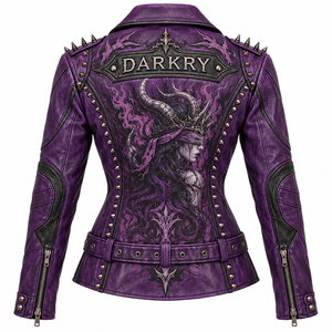 Veste en cuir violette pour femme, style motard, avec imprimé graphique 'Horned Queen', ceinturée, col à revers, cloutée et à pointes, Offre d'usine - Product Image 2
