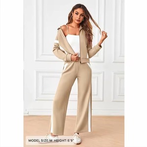 Women's Beige Tracksuit Set Full-Zip <b>Jacket</b> With <b>White</b> Stripes Flared Pants Casual Loose Fit Spring Wear - Product Image 3