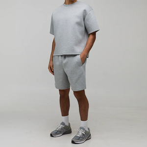 Ensemble T-shirt et short pour homme, col rond, beige, décontracté, tricoté, couleur unie, vêtements d'automne, respirant, style ample, 100% coton, séchage rapide - Product Image 5