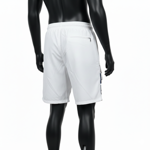 Shorts de baño de poliéster de secado rápido de alta calidad, 140 GSM, blancos y azules, con paneles de bolsillos tipo cargo, apliques bordados y logotipo personalizado para hombre. - Product Image 2