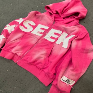 Sweat à capuche zippé oversize en jersey 100% coton, streetwear rose avec logo étoiles sur le devant, unisexe, service OEM - Product Image 1