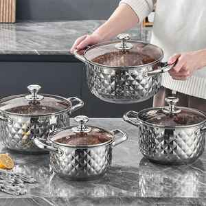 Ensemble de casseroles en acier inoxydable avec couvercle en verre, marmite à soupe martelée, batterie de cuisine pour cuisinière à induction et à gaz, faitout - Product Image 1