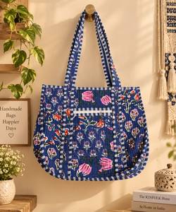 Le Souvenirs Vintage Fashion Bohemian Printed <b>Canvas</b> Tote Bag <b>Blue</b> Floral Pattern Zipper Closure Women's 18" Lightweight High - Product Image 3