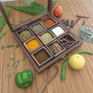 Boîte à épices en bois artisanale, conteneur de rangement pour épices rond, multi-compartiments, Masala Dabba, organisateur d'épices de cuisine avec couvercle - Product Image 6