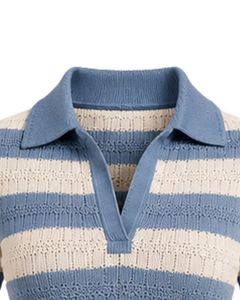 <b>Stone</b> Blue And Ivory Striped Knit Romper Women Short Sleeve Polo Collar Summer Casual One Piece Playsuit Slim Fit Custom Design - Product Image 5