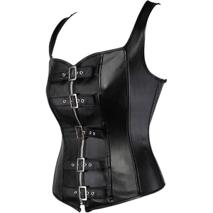 Corset en cuir noir pour femme avec fermeture éclair avant et dos lacé, gaine amincissante pour le ventre pour adultes - Product Image 6