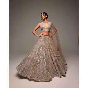 Conjunto Elegante de Lehenga Choli Beige para Fiesta, Talla M, con Bordado de Hilo, para Mujer, Diseñador FB - Product Image 1