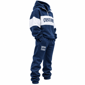 Sudadera con capucha de forro polar 100% algodón, cortavientos, con bloques de color y bordado personalizado, conjunto unisex oversize con cremallera de un cuarto, estilo casual streetwear - Product Image 5
