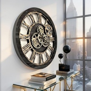 Horloge murale ronde vintage en bois d'orme industriel avec engrenages, art steampunk en cuivre et fer forgé par Aqudus Saleem 60x60x6 cm - Product Image 3