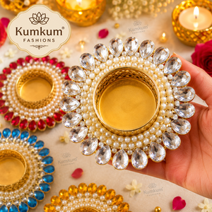 Support de bougie chauffe-plat indien fait main en Kundan, idéal pour Diwali, mariages, Ganesha, temples, décorations festives pour la maison, cadeaux de remerciement et souvenirs. - Product Image 4