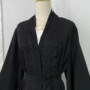 Abaya noire élégante pour femme avec appliques en Nida et ceinture, robe de modeste islamique en mousseline, mode Eid, abaya musulmane - Product Image 3