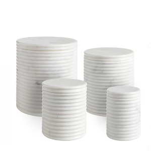 Tarro de almacenamiento de piedra de travertino de gran venta, organizador de algodón para baño, tarro rústico de piedra beige, contenedor moderno minimalista para el hogar - Product Image 3