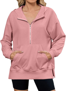 Sudadera con capucha de punto transpirable de manga larga para mujer con logo personalizado Loveda, informal, holgada, con cremallera y bolsillos, ideal para invierno. - Product Image 3