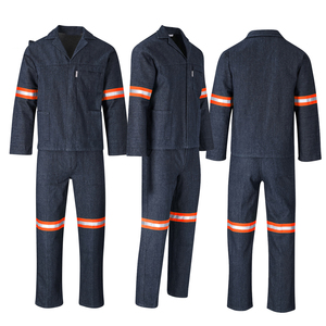 Men's Cotton Work Coverall Reflective Safety Uniform Dark Blue Long Sleeve with Orange Stripes for Construction and Industrial - Product Image 1
