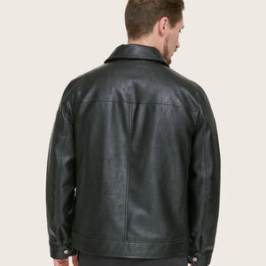<b>Men</b> Genuine Leather Moto <b>Jacket</b> Turn-down Collar Zipper Closure Autumn Solid Color Regular Fit <b>Biker</b> Style - Product Image 2