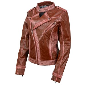 Veste en cuir marron pour femme, style moto, fermeture éclair, col rabattable, détails rivets - Product Image 1