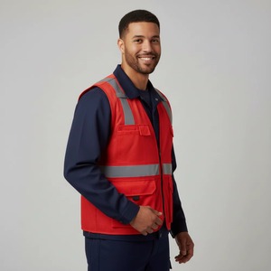 Gilet de travail réfléchissant rouge pour homme, respirant, avec fermeture éclair et poches, vêtement d'extérieur décontracté, col rabattable, collection printemps - Product Image 5
