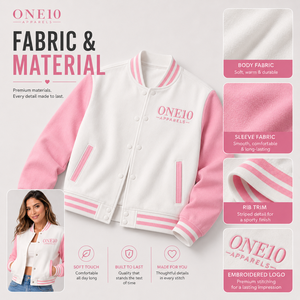 Blouson universitaire pour femme blanc et rose, manches longues bouffantes, col montant, respirant, léger, mélange polyester-coton, bordure côtelée - Product Image 4