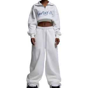 Chándales de dos piezas de moda informal, novedad de Color sólido, 100% algodón para mujer, forro polar personalizado completo de alta calidad, servicio OEM - Product Image 1