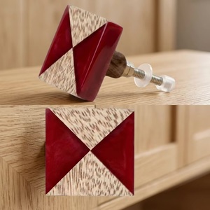 Pomo de Madera Geométrico Ba con Incrustaciones de Resina Roja, Tirador Moderno Ecológico Multifunción para Cajones de Hogar y Oficina, Duradero - Product Image 2