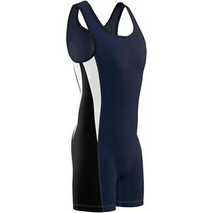 Men's Fitted Wrestling Singlet One-Piece Spandex Nylon Stretch <b>Blue</b> With White And Black Stripes Adult Martial Arts Wear - Product Image 2