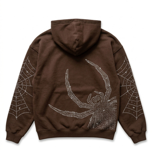 Sweat à capuche classique gothique marron avec strass, cordon de serrage, poche avant, en mélange de coton doux pour hommes - Product Image 3