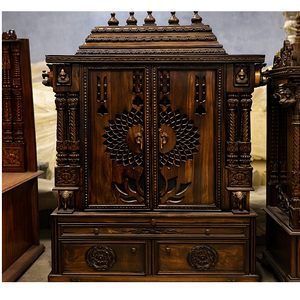 Mandir de Pooja de Diseño Superior para el Hogar en Madera de Teca, Templo Marrón Personalizado con Almacenamiento, Santuario Doméstico con Tallados Elaborados, EE. UU. - Product Image 1
