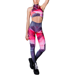 HUSKY Women's Ribbed Sports <b>Bra</b> & Leggings Set <b>Blue</b> Seamless Fitness Wear Breathable Racerback Scoop Neck Medium Support - Product Image 6