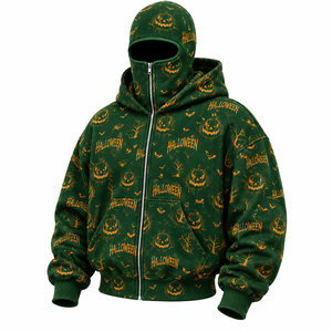 Custom Green Halloween Full Zip Face Mask Hoodie All Over Pumpkin Bat Print Oversized Streetwear Hoodie Unisex Winter Fashion - Product Image 2