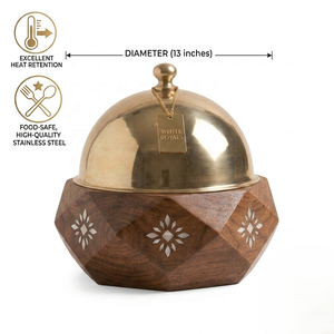 Cazuela de madera The Royal Majlis, plato de madera artesanal para buffet con incrustaciones florales de nácar y tapa de cúpula de acero inoxidable - Product Image 4
