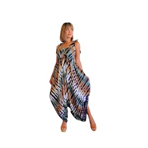 Women Boho Multicolor Tie Dye <b>Jumpsuit</b> Sleeveless V Neck Adjustable Strap Loose Fit Flowy <b>Harem</b> Pants Style Casual Outfit - Product Image 1