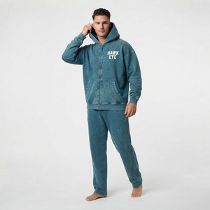 Conjunto de dos piezas de chándal para hombre de alta calidad al por mayor, con cremallera completa, lavado ácido, hombros caídos, sudadera con capucha y bolsillo canguro. - Product Image 6