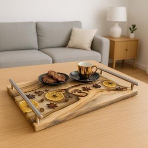 Handmade <b>Wood</b> Resin Serving Tray with Steel Handles Luxury Epoxy Resin Wooden Tray for Tea & Snacks - Product Image 1