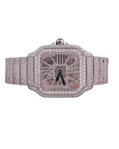Montre squelette unisexe de luxe personnalisée, à quartz analogique, carrée, avec verre de 20 mm, style simple antique, ornée de diamants Moissanite, en acier inoxydable - Product Image 1
