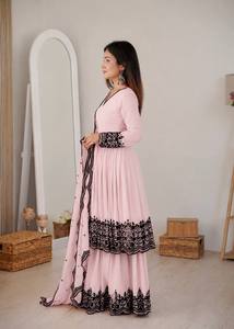 Premium Baby Pink Embroidered Sharara Suit Set with Heavy Lace Border Dupatta Designer Party Wear Ethnic Outfit for Women - Product Image 6