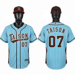 Maillot de baseball pour homme en polyester respirant, interlock, bleu ciel, rayures fines blanches, bordures marron, empiècements latéraux, logo personnalisé en twill. - Product Image 1