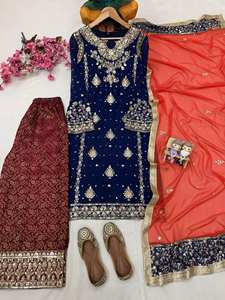 Conjunto de Kurti y Palazzo de Lujo en Azul Marino con Bordado en Georgette Sintético y Dupatta Roja de Tela de Red |   Traje Salwar de Diseño Indio para Fiestas - Product Image 4