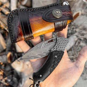 Cuchillo Plegable de Acero de Damasco de Grado Industrial para Camping y Caza con Funda de Cuero OEM para Hombre - Product Image 2