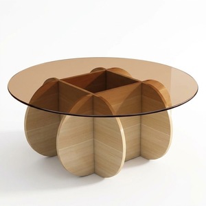 Ensemble de tables basses rondes modernes en bois à lattes avec plateau en verre, table centrale de luxe en bois d'acacia pour salon, vente en gros de meubles - Product Image 6
