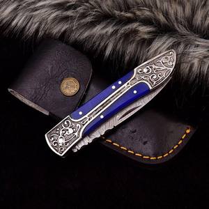 Couteau pliant en acier Damas avec manche gravé, étui de transport vertical, couteau de poche EDC pour la chasse et le camping, couteau à pointe tombante, couteau OEM personnalisé - Product Image 4