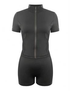 Ensemble de sport 2 pièces sans couture en maille tricotée pour femme, couleur unie, moulant, manches courtes, col en V, fermeture éclair sur le devant, coupe ajustée, écologique - Product Image 3