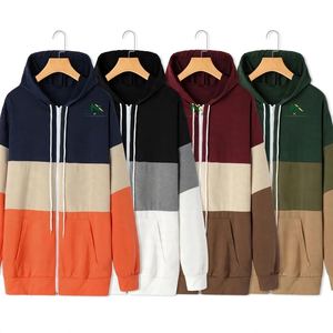 Custom Navy Beige <b>Orange</b> 3-Color Block Zip Up <b>Hoodie</b> Men's Retro Sherpa Fleece Sweatshirt Embroidered Logo OEM Wholesale - Product Image 1