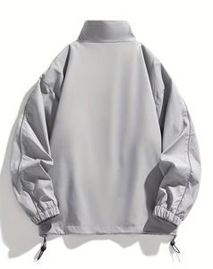 Men's Gray Racer Jacket Solid Color Zipper Closure Stand Collar Casual Windproof Polyester Autumn Wear - Product Image 5